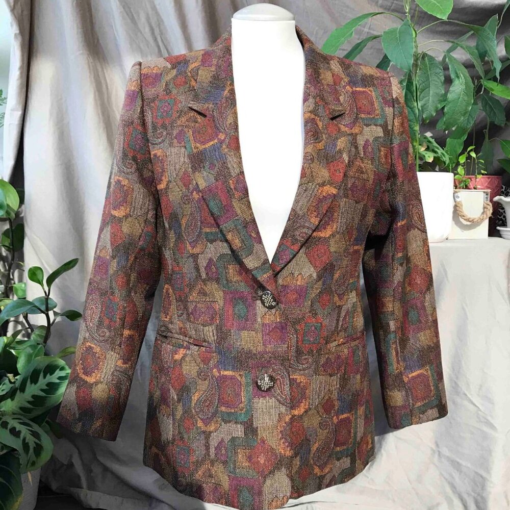 Vintage paisley geometric blazer in dark brown, Minimalist unique blazer